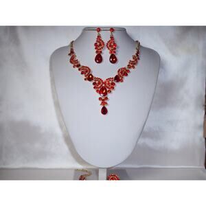 Red 4 pc necklace set,statement necklace, red rhinestone necklace prom necklace